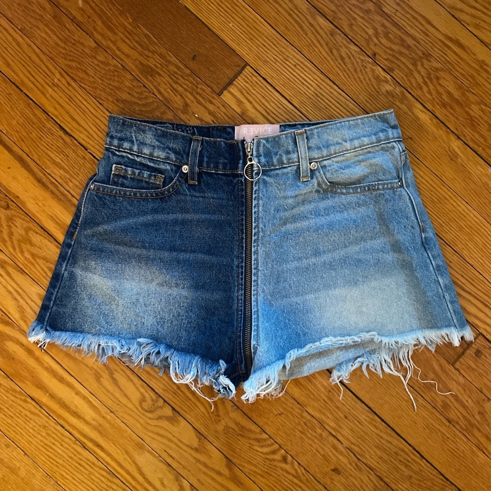 REVICE Two-Tone High Waist Denim Shorts in Dark & Light Blue